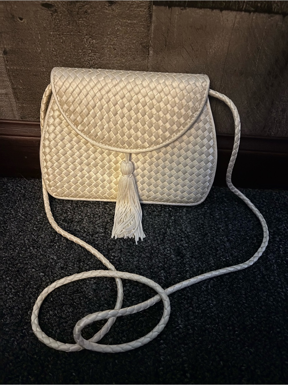 Lord & Taylor Woven Tassel Crossbody in Cream